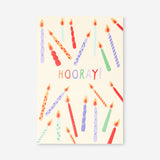 Office greetings card featuring colorful candles and "Hooray" message, designed by Flying Tiger Copenhagen.