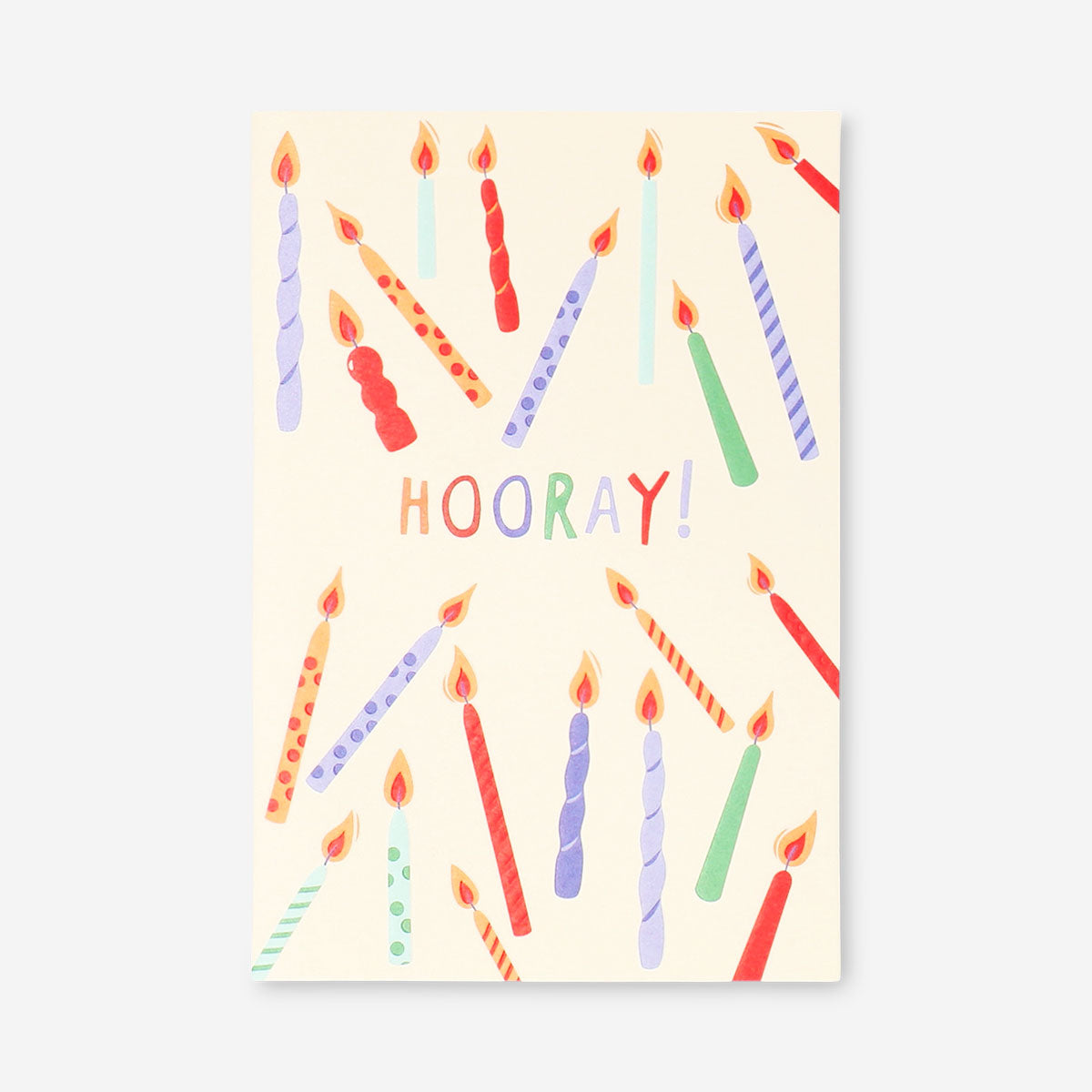 Office greetings card featuring colorful candles and "Hooray" message, designed by Flying Tiger Copenhagen.