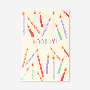 Office greetings card featuring colorful candles and "Hooray" message, designed by Flying Tiger Copenhagen.
