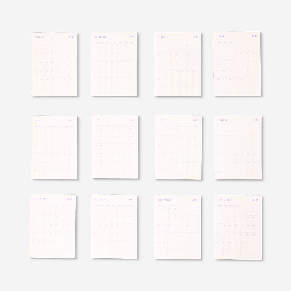 Monthly calendar stickers for bullet journal 2027 by Flying Tiger Copenhagen, colorful office planner accessories on a white background.