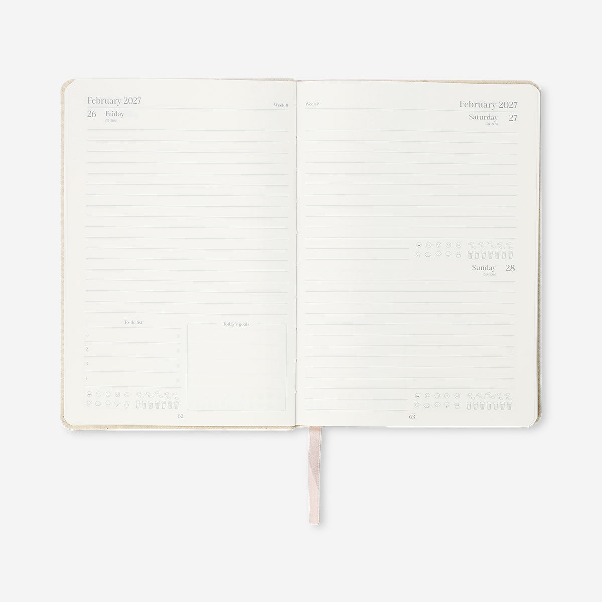 A5 fabric cover daily diary 2027 by Flying Tiger Copenhagen, open to pages with dates and writing space inside.