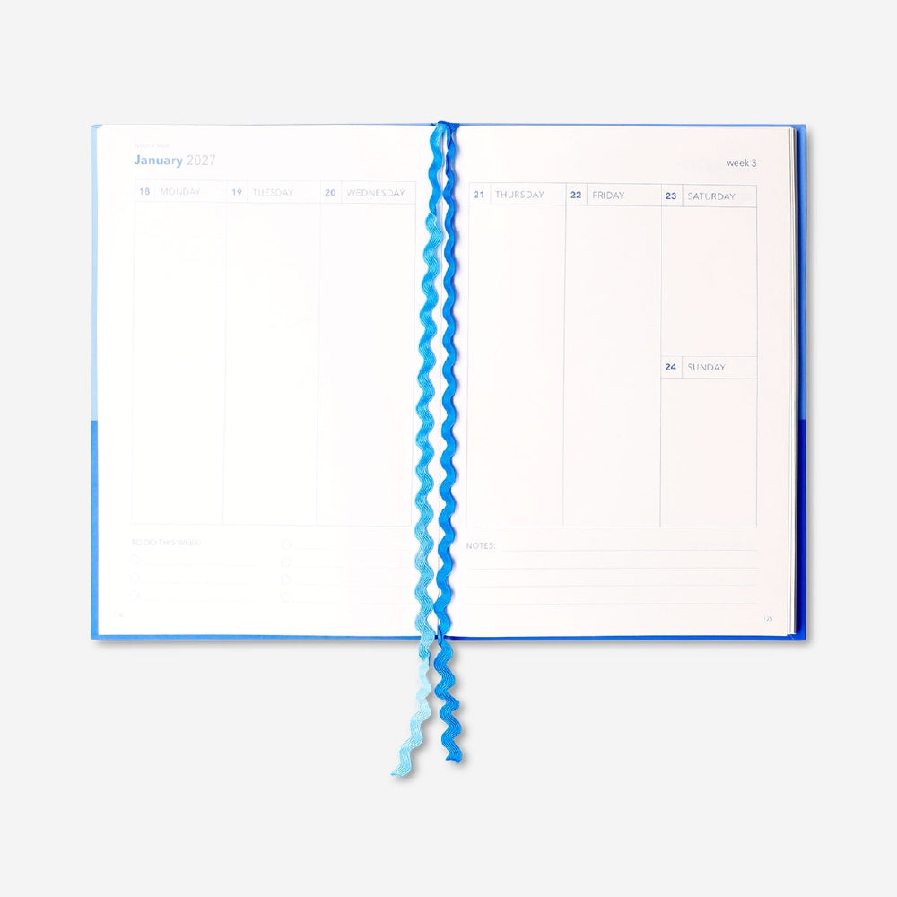 Blue Flying Tiger Copenhagen study planner for 2026-2027, office organizer with weekly and monthly pages, English language.