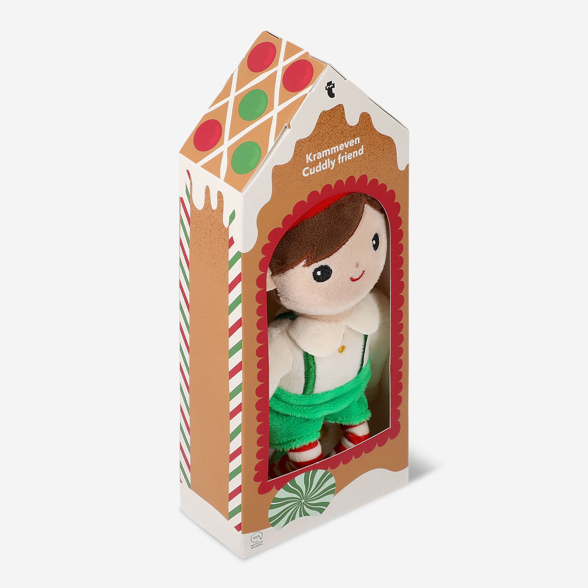 Soft plush elf boy toy by Flying Tiger Copenhagen with green outfit and cheerful expression, ideal for children's play and cuddling.