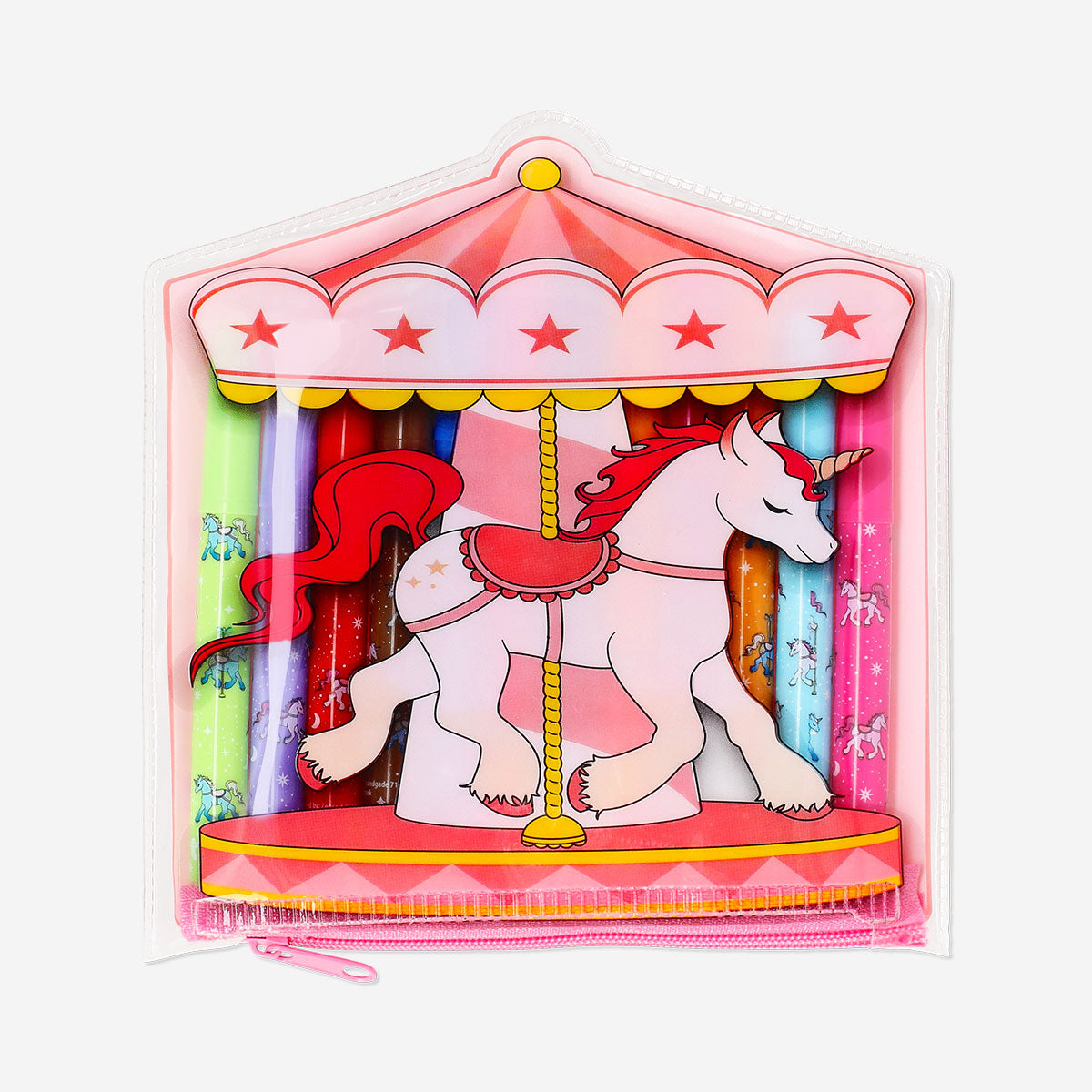 12-pack of Flying Tiger Copenhagen office markers in a colorful unicorn-themed case, perfect for writing and coloring.