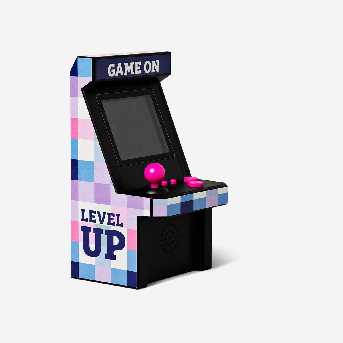 Flying Tiger Copenhagen mini arcade game gadget featuring 100 classic games, compact handheld gaming device with colorful buttons.