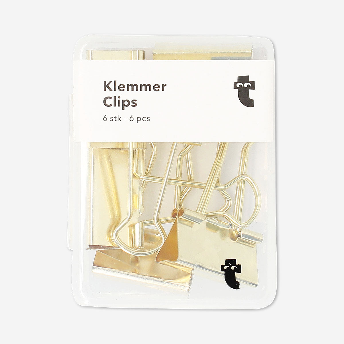 Set of six Flying Tiger Copenhagen office Bulldog clips for organizing papers and documents.
