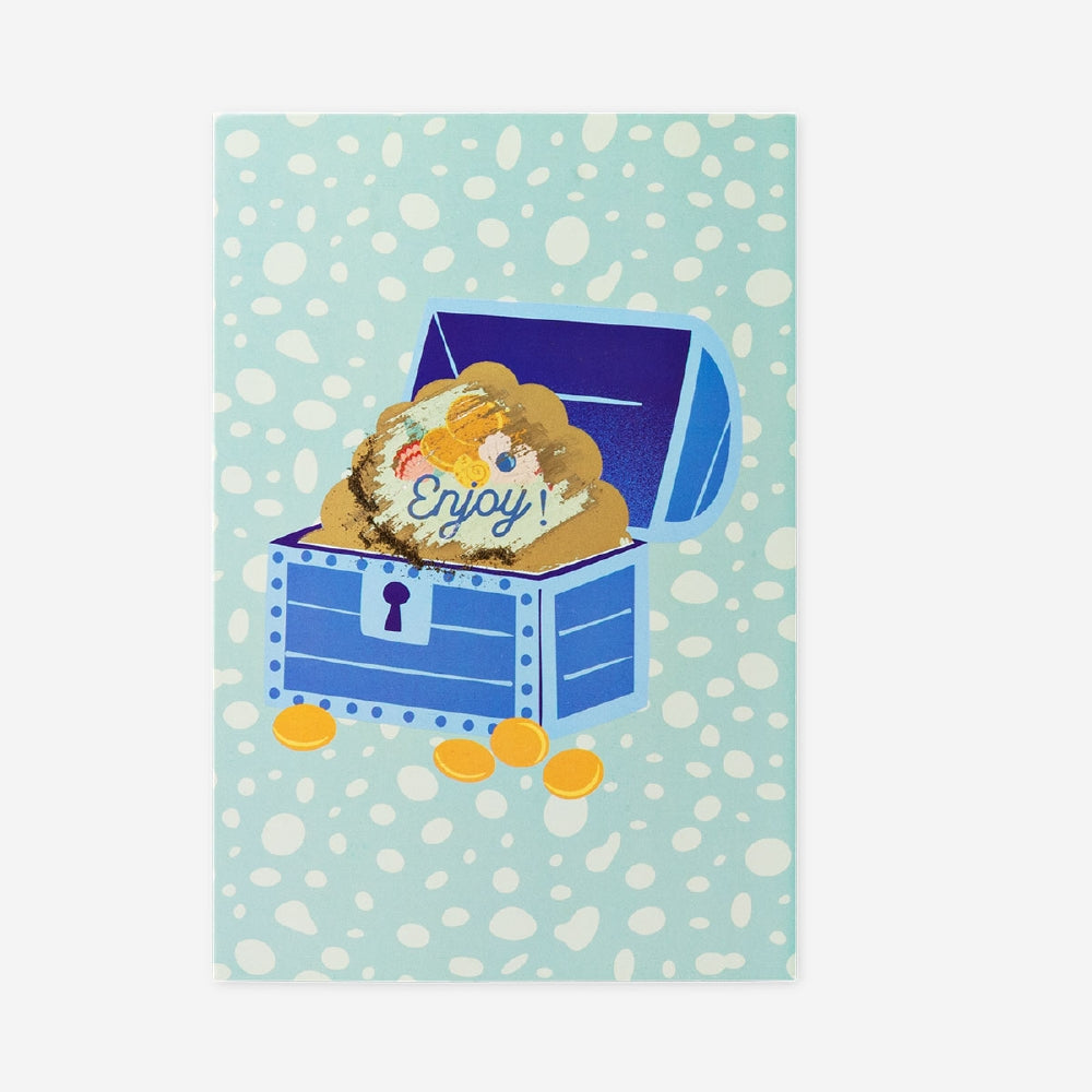 Flying Tiger Copenhagen office greeting card featuring a treasure chest design with a scratch-off feature for a fun message reveal.