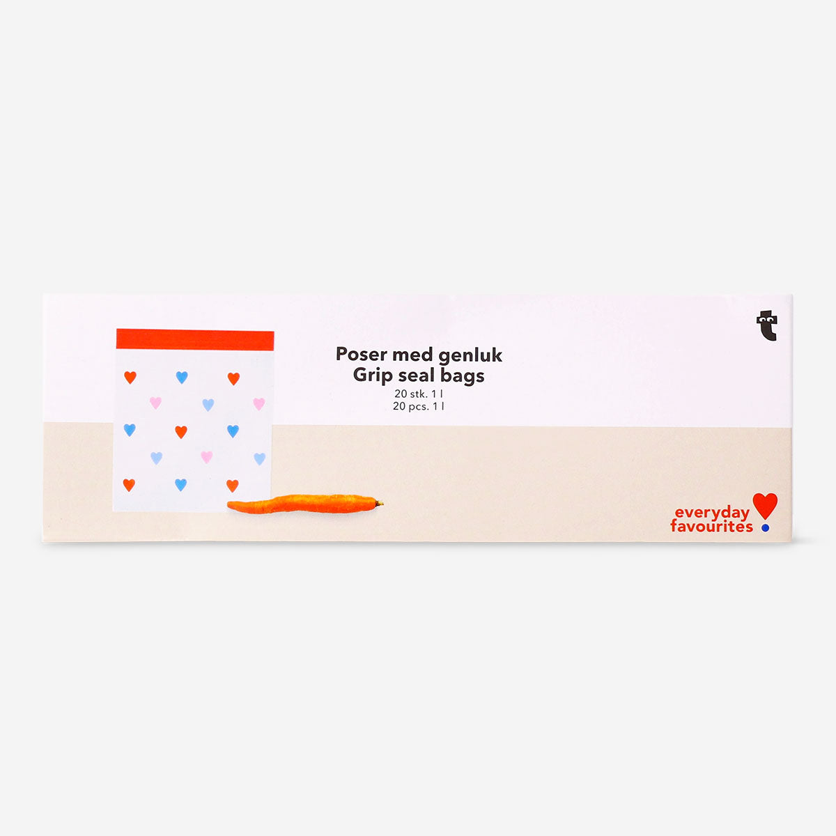 Set of 20 1L Flying Tiger Copenhagen grip seal bags with zip closure and heart print, ideal for kitchen storage.