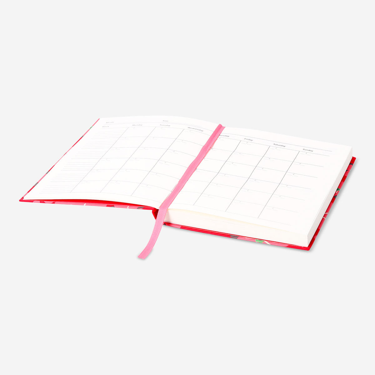 Red floral weekly planner from Flying Tiger Copenhagen, featuring colorful floral cover and organized pages for weekly planning.