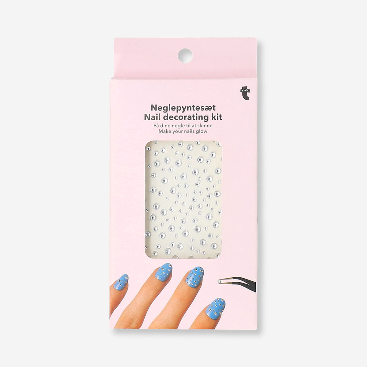 Flying Tiger Copenhagen nail decorating kit with colorful rhinestones for creative personal care and nail art.