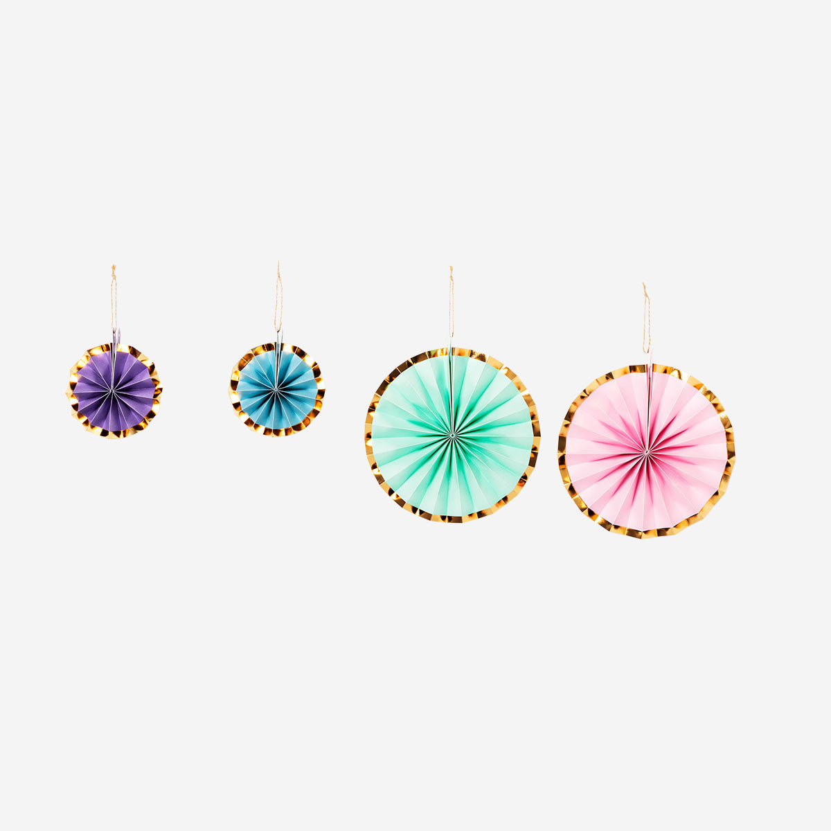 Set of four hanging paper fans with shiny foil edges for party decor, by Flying Tiger Copenhagen.