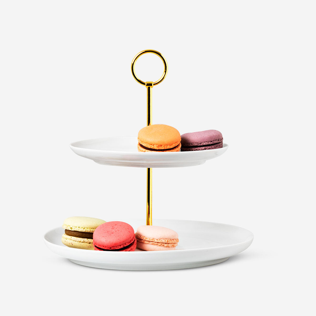 Flying Tiger Copenhagen two-tier kitchen cake stand with metal frame and glass plates, ideal for serving desserts or snacks.