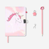 Colorful unicorn-themed office diary with lock and key from Flying Tiger Copenhagen, featuring whimsical unicorn illustrations on the cover.