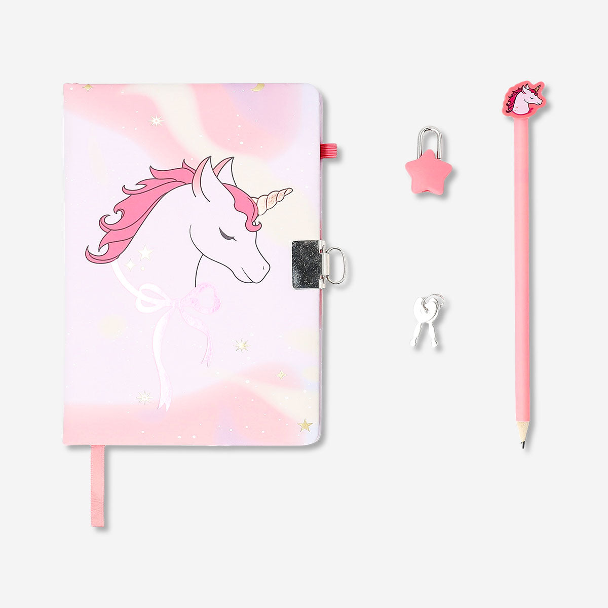 Colorful unicorn-themed office diary with lock and key from Flying Tiger Copenhagen, featuring whimsical unicorn illustrations on the cover.