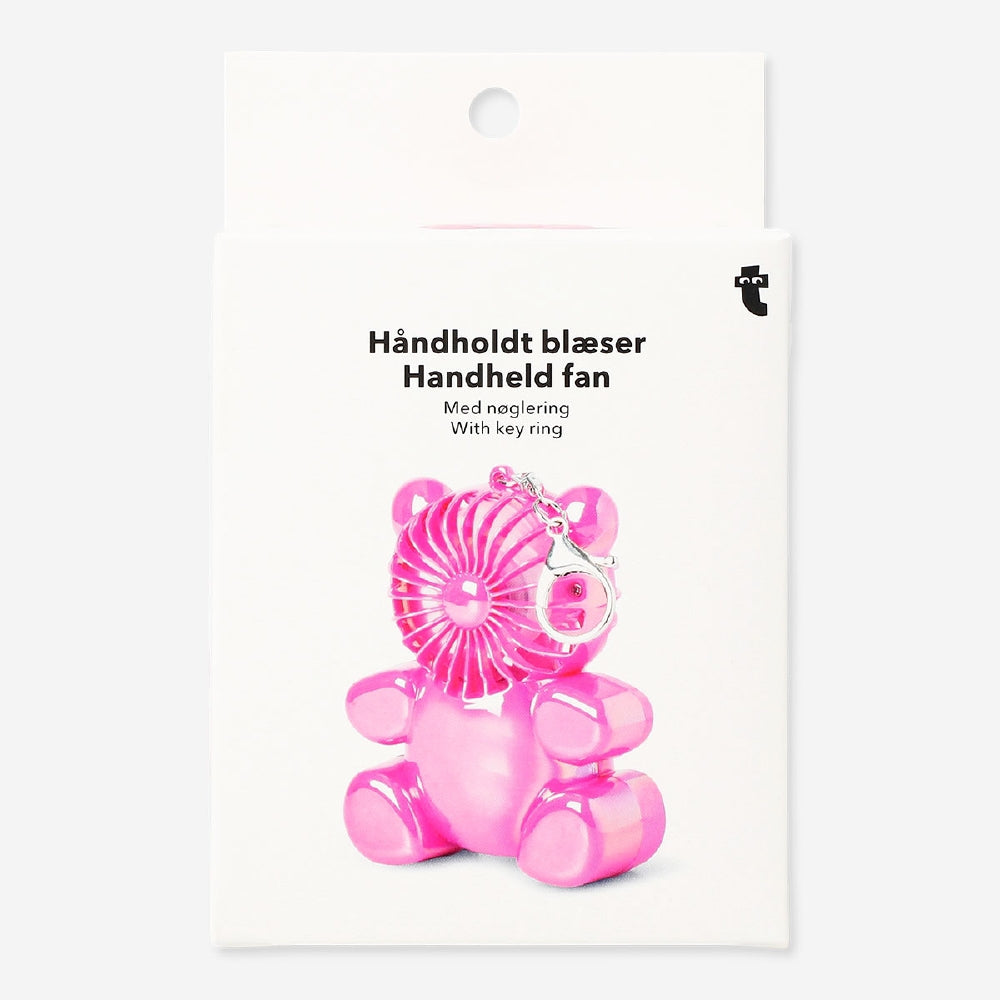 Flying Tiger Copenhagen gummy bear handheld fan gadget with key ring, colorful plastic design, and compact portable size.