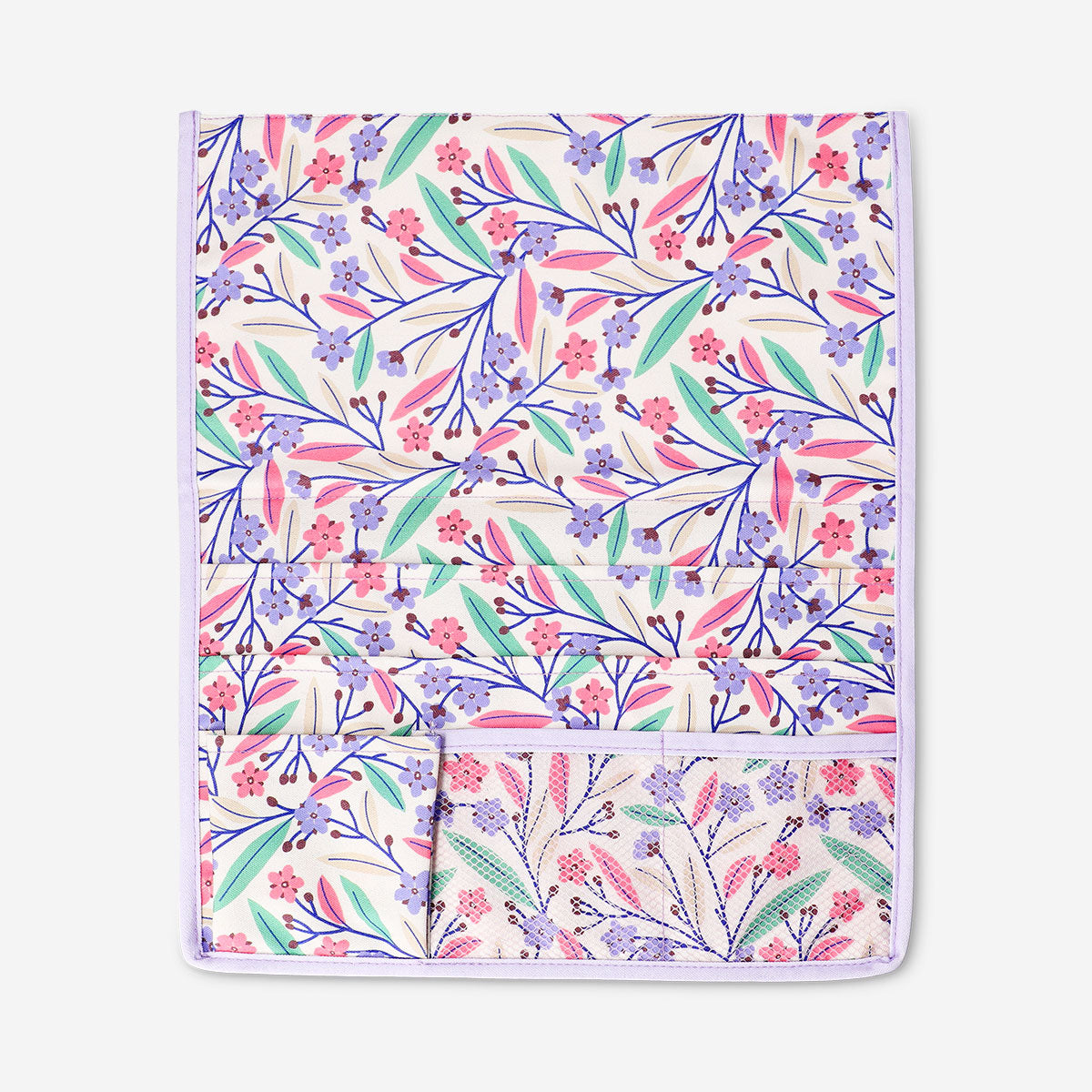 Flying Tiger Copenhagen floral bed pocket, 44x39 cm, hanging bedside storage with colorful floral design for organized bedroom space.