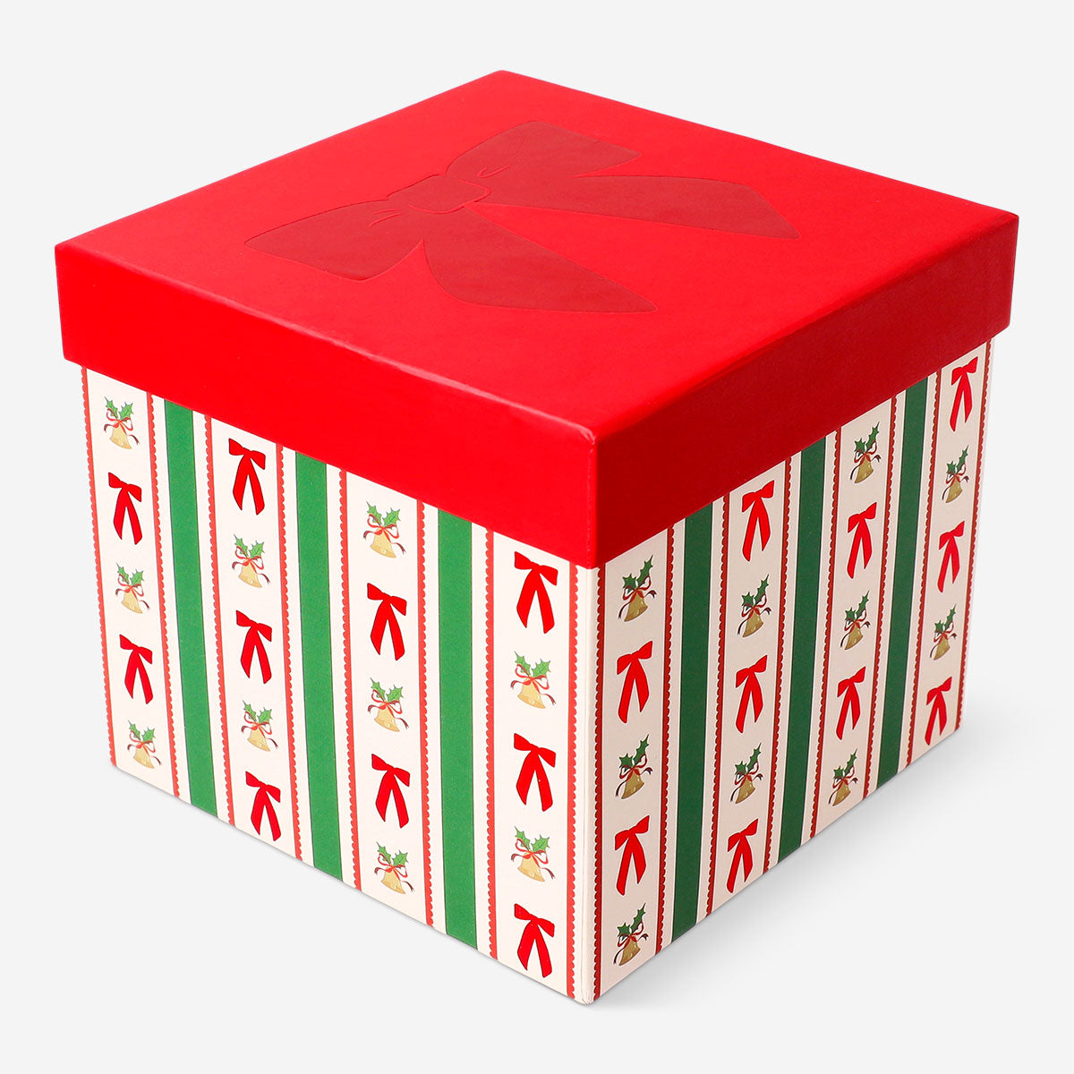 Flying Tiger Copenhagen gift box with colorful stripes and bows, 14x14 cm, ideal for office gift wrapping or presents.