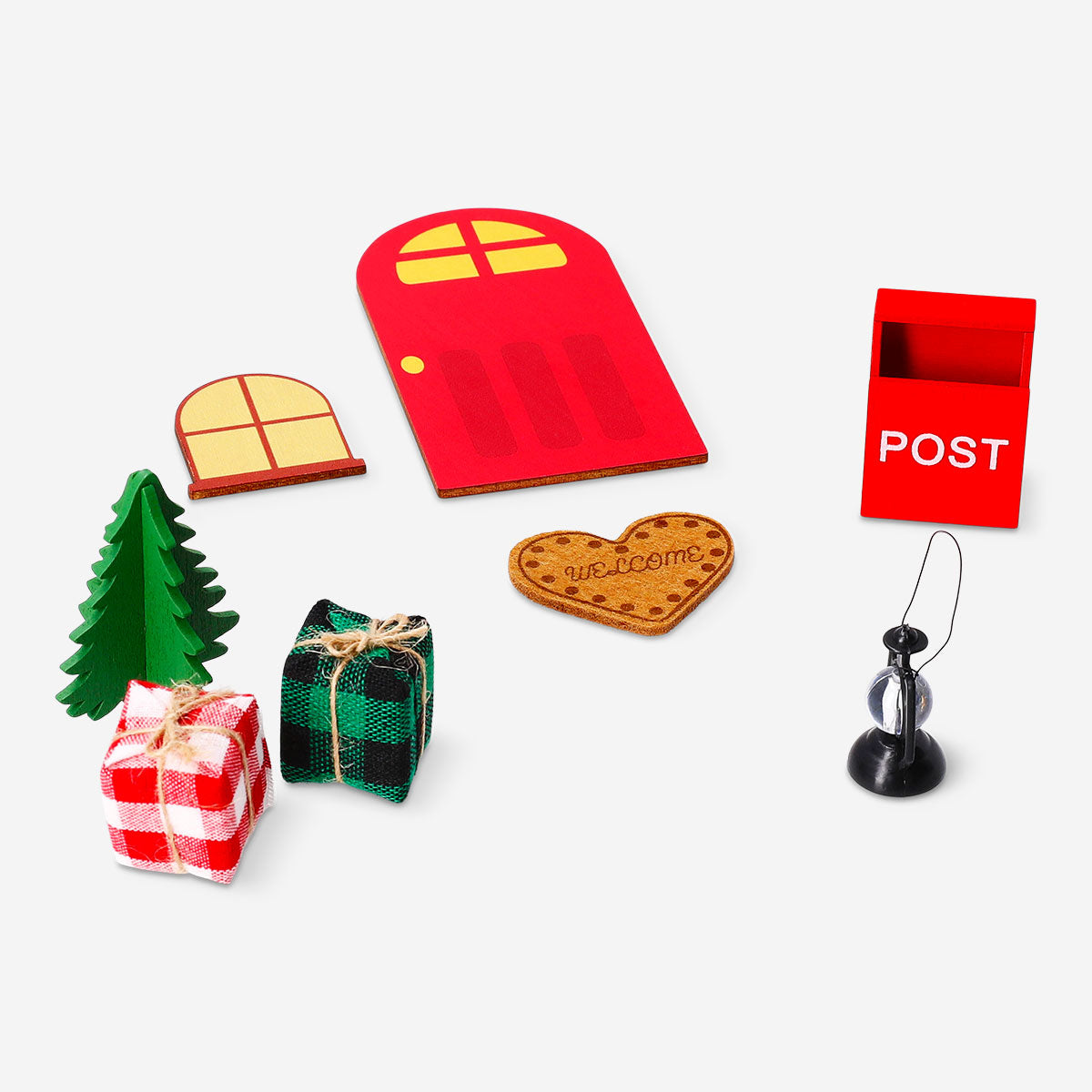 Seven-piece wooden elf home set by Flying Tiger Copenhagen, featuring handcrafted elf figures and cozy wooden home accessories.