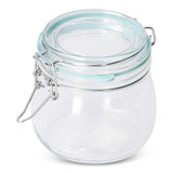Glass jar with green rim, 13 cm in height, ideal for kitchen storage, from Flying Tiger Copenhagen.