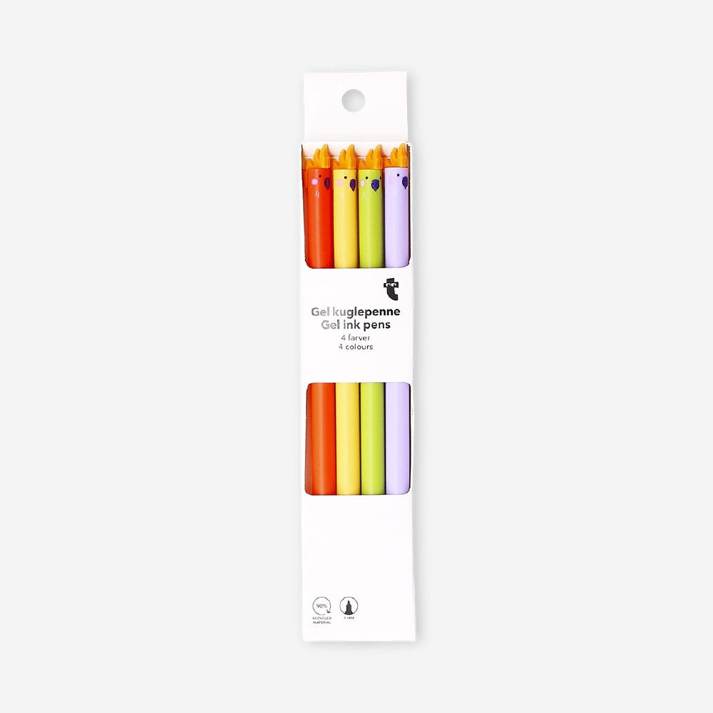 Set of four Glitter gel ink pens with colorful parrot toppers from Flying Tiger Copenhagen for office or creative use.