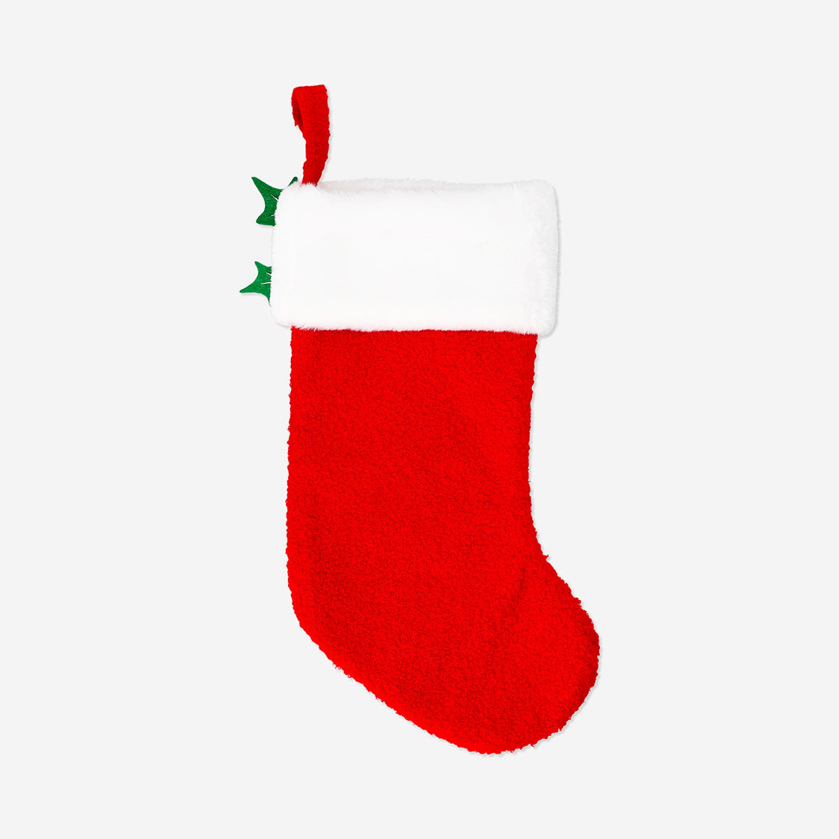 Red bouclé Christmas stocking with white cuff, hanging as a festive home decor item by Flying Tiger Copenhagen.