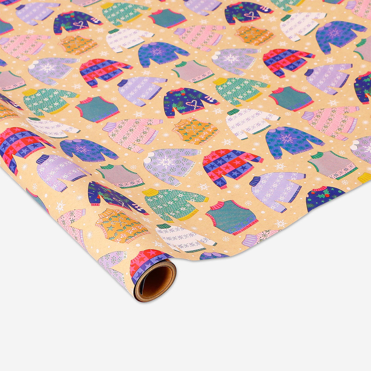 Flying Tiger Copenhagen Christmas sweaters craft wrapping paper, 400 cm roll with festive sweater patterns for holiday gift wrapping.