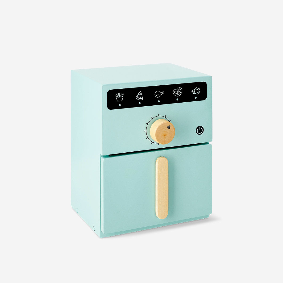 Wooden toy air fryer by Flying Tiger Copenhagen, 20x16 cm, realistic miniature kitchen appliance for children’s play.