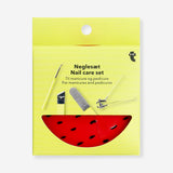 Flying Tiger Copenhagen watermelon manicure and pedicure set with four personal care tools, colorful and themed for nail grooming.