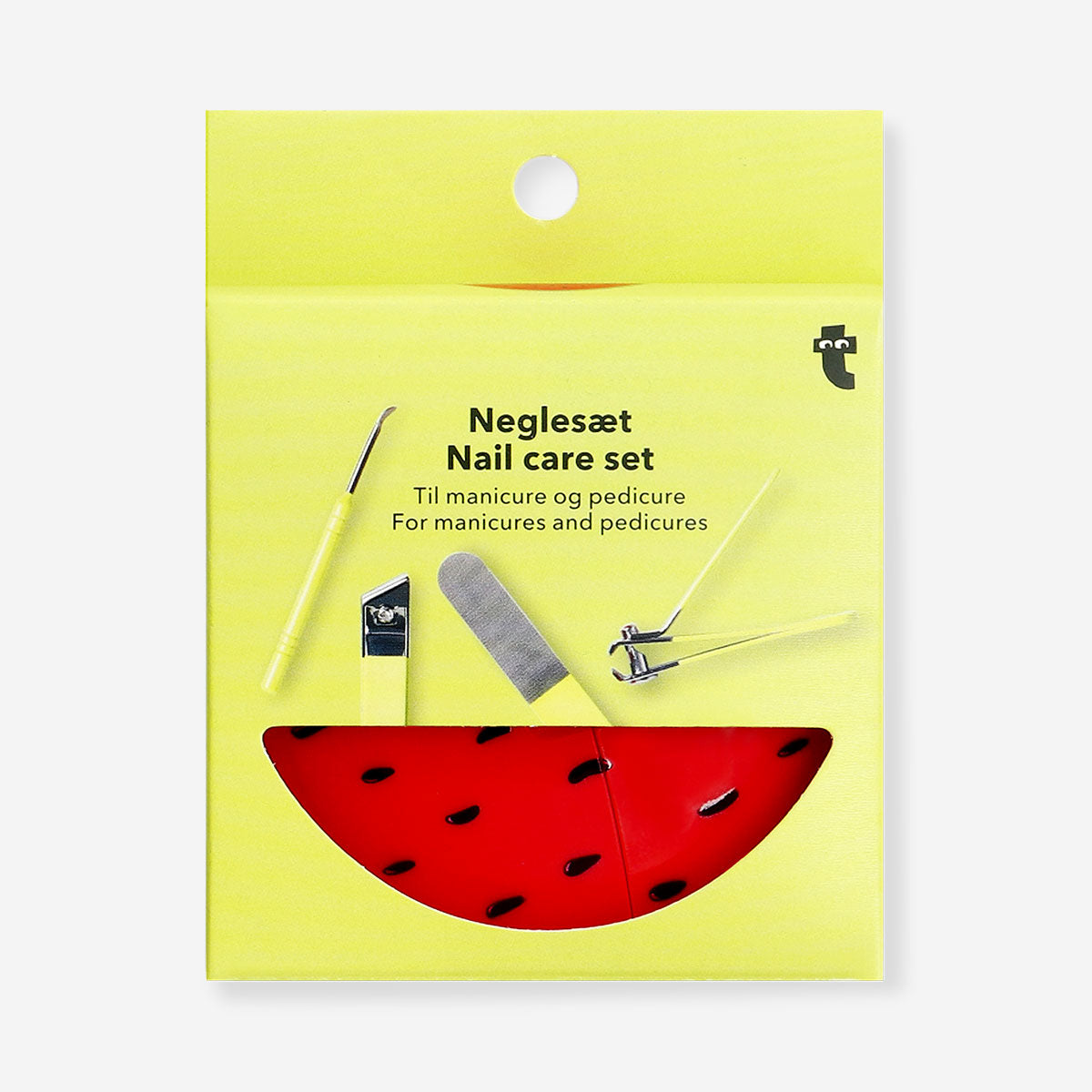 Flying Tiger Copenhagen watermelon manicure and pedicure set with four personal care tools, colorful and themed for nail grooming.