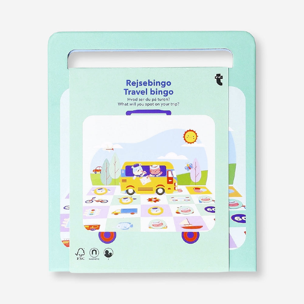 Travel bingo game by Flying Tiger Copenhagen with colorful cards and tokens for fun on the go.