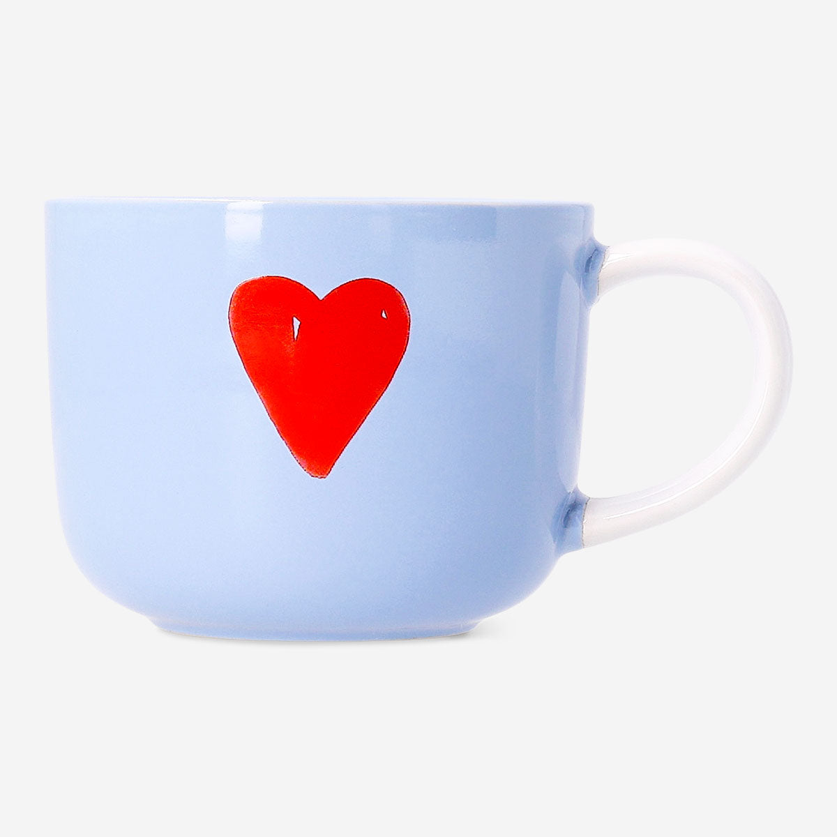Blue ceramic mug with red heart design, 250 ml capacity, Flying Tiger Copenhagen kitchenware.