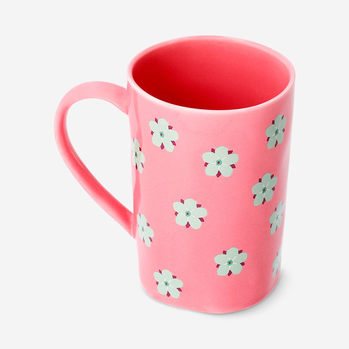 Pink floral ceramic mug from Flying Tiger Copenhagen, 570 ml kitchen cup with colorful flower design and comfortable handle.