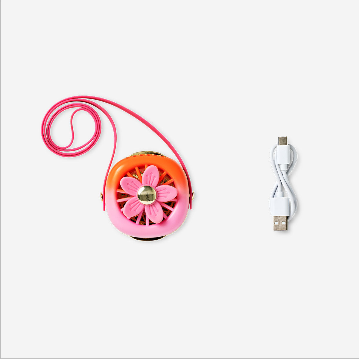 Flying Tiger Copenhagen flower-shaped fan with neck strap, portable gadget for cooling and style.