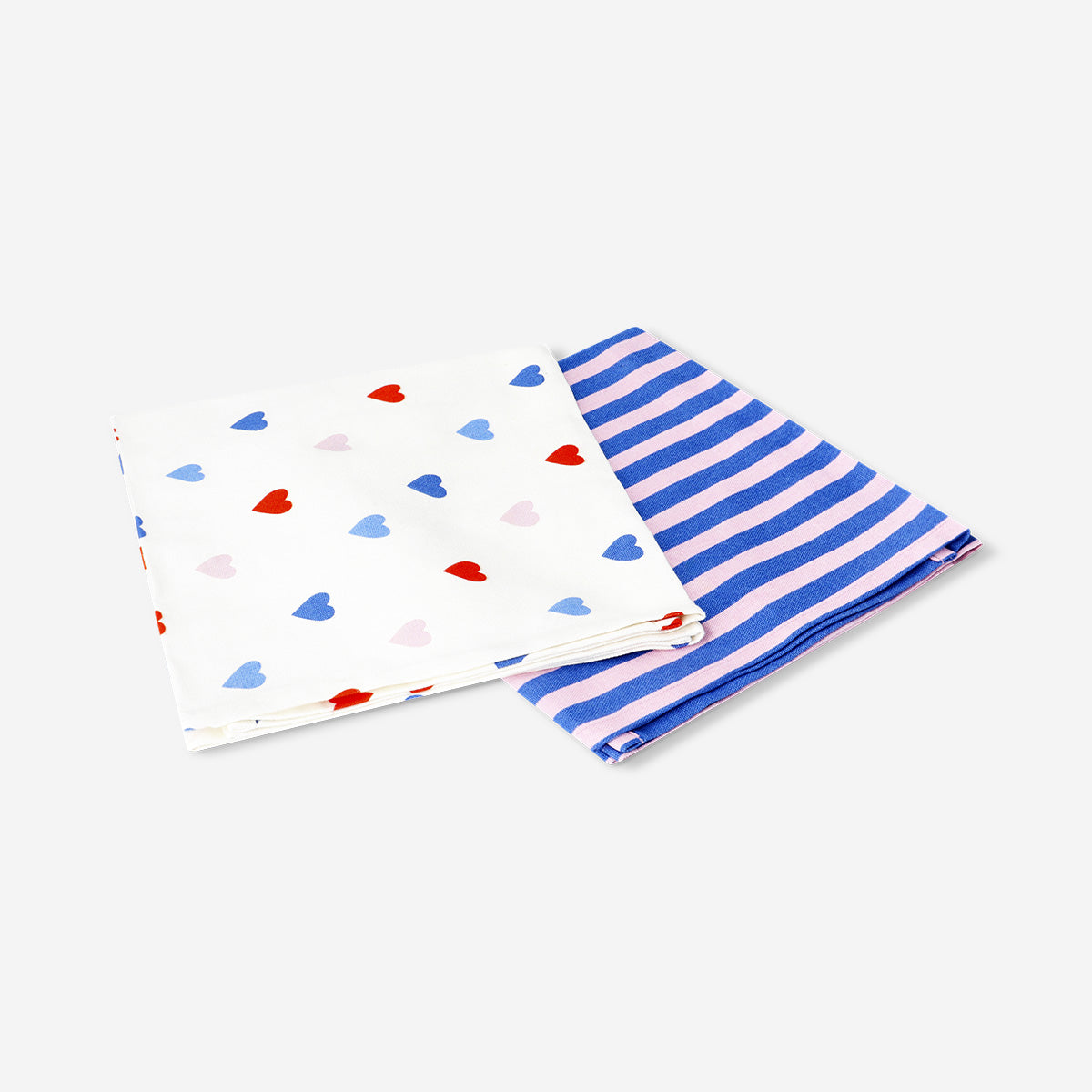 Set of two Flying Tiger Copenhagen kitchen tea towels featuring hearts and stripes, perfect for adding charm to your kitchen.