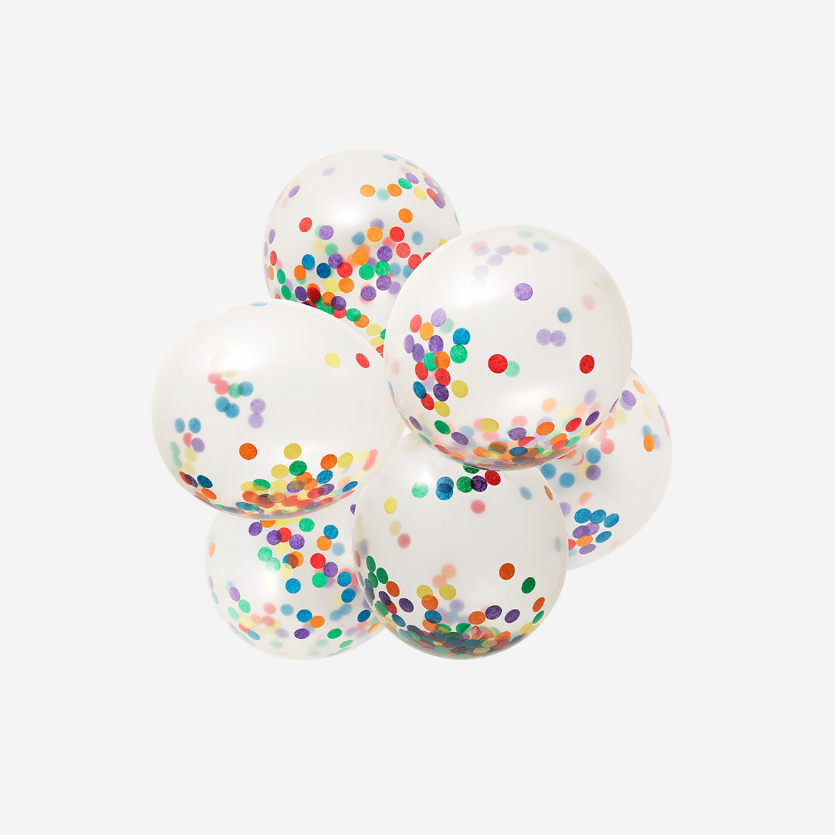 Six colorful balloons with rainbow confetti inside, perfect for party decorations, by Flying Tiger Copenhagen.
