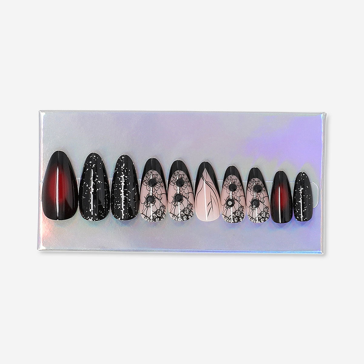 Flying Tiger Copenhagen press-on nails with black and red ombre design showcasing glossy, stylish nail art.
