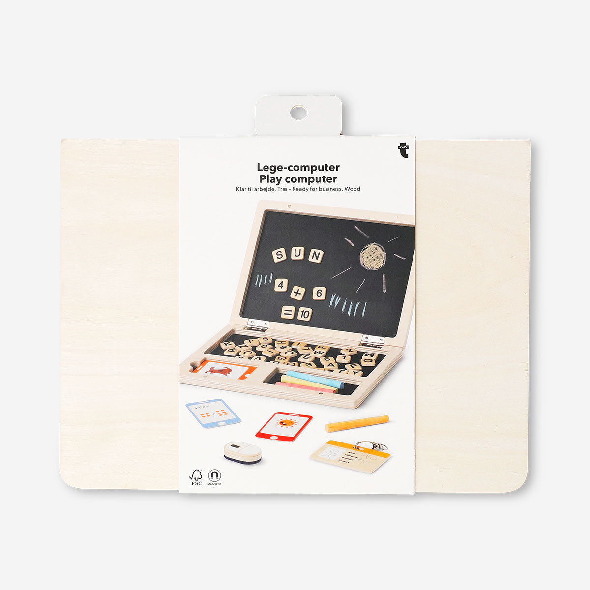 Wooden play computer toy from Flying Tiger Copenhagen with colorful buttons and a screen, designed for imaginative children's play.