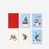 Set of five Flying Tiger Copenhagen Christmas office greeting cards with festive holiday designs and cheerful messages.