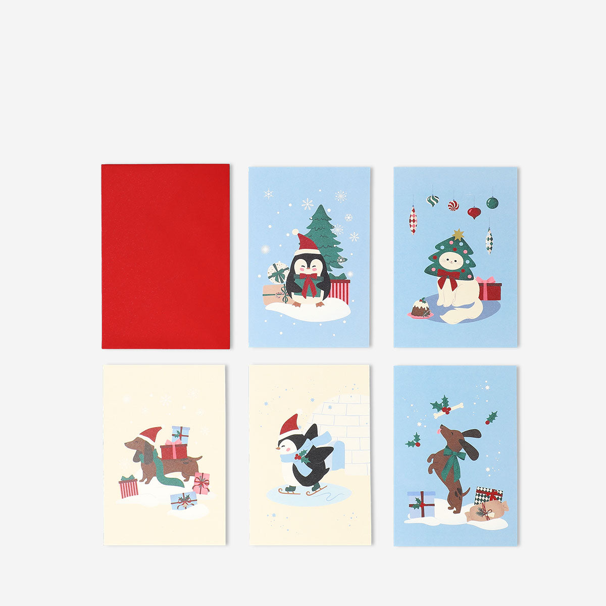 Set of five Flying Tiger Copenhagen Christmas office greeting cards with festive holiday designs and cheerful messages.