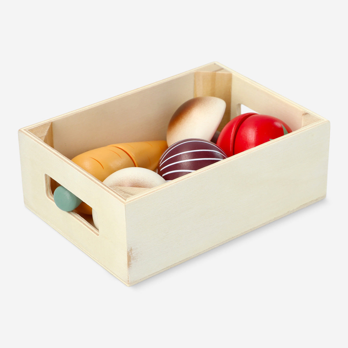 Wooden vegetable toy box playset by Flying Tiger Copenhagen with colorful wooden vegetables for imaginative play.