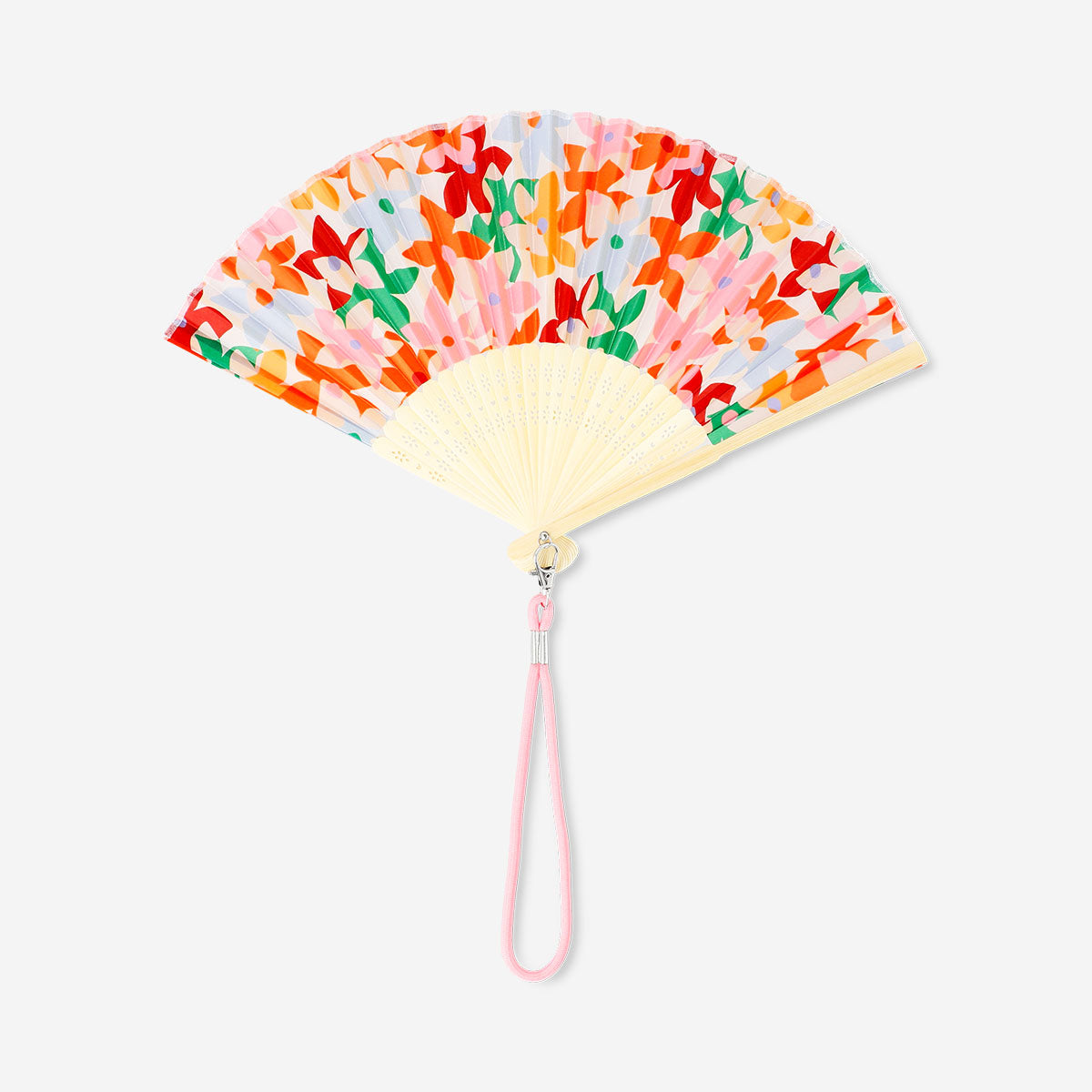 Foldable bamboo fan with strap - Flower print