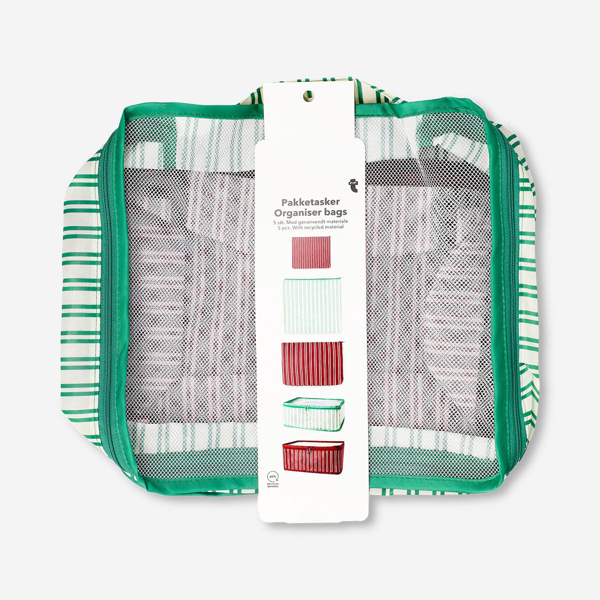 Set of five Flying Tiger Copenhagen leisure organizer bags for travel, featuring various sizes in vibrant colors for packing and storage.