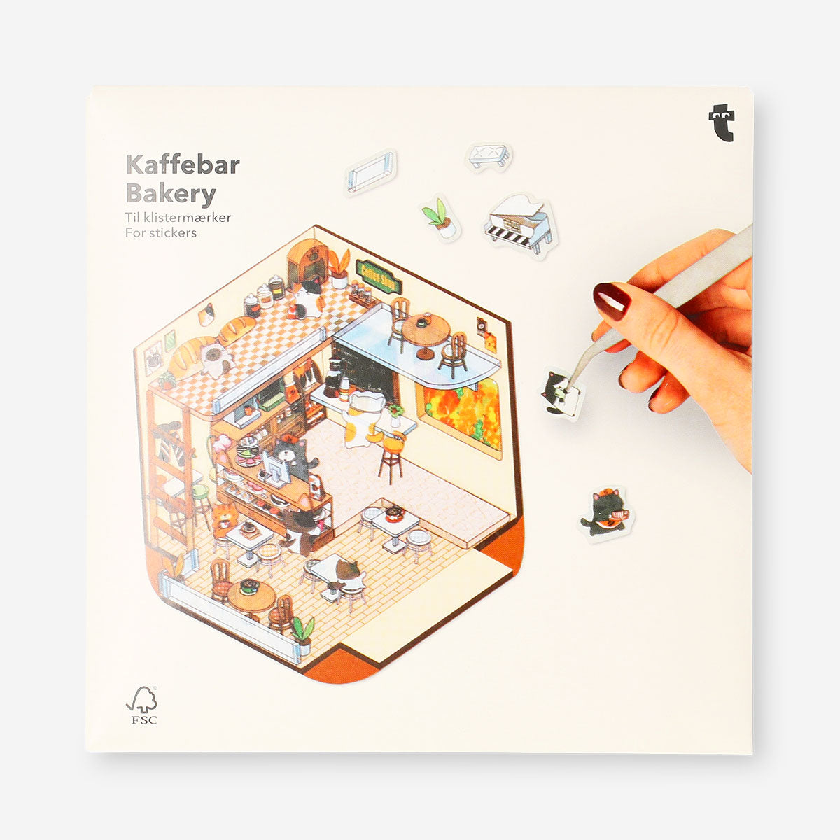 Colorful 3D bakery scene sticker set by Flying Tiger Copenhagen for hobbies, featuring baked goods and bakery shop details.