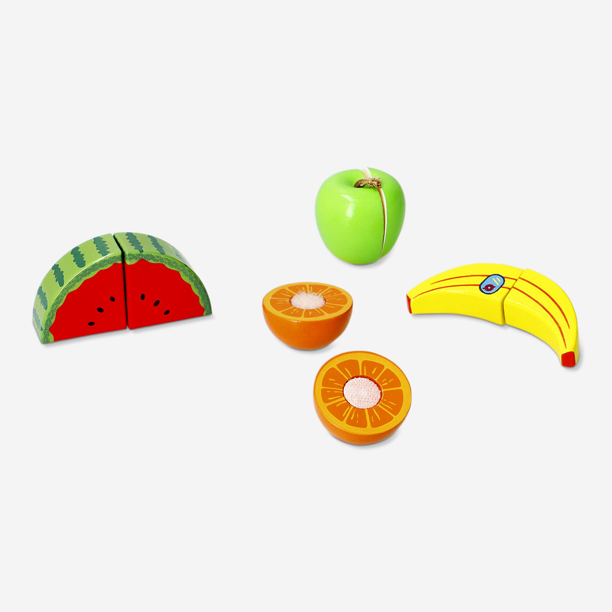 Wooden fruit toy playset from Flying Tiger Copenhagen featuring colorful carved wooden apples, bananas, and oranges for kids.