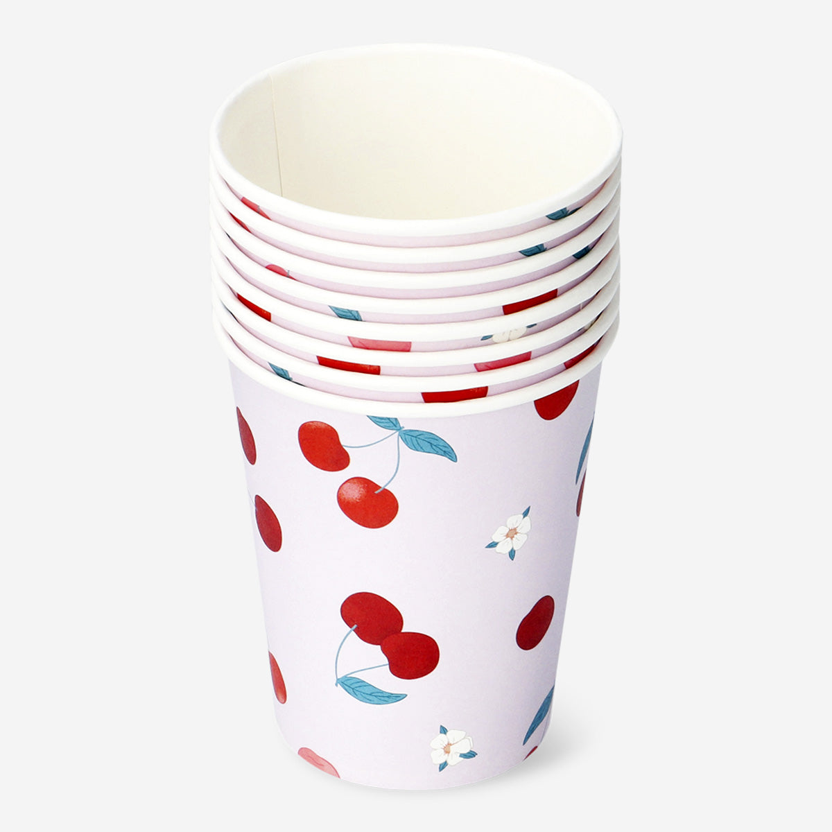 Set of 8 Flying Tiger Copenhagen paper party cups with cherry print design for festive gatherings.