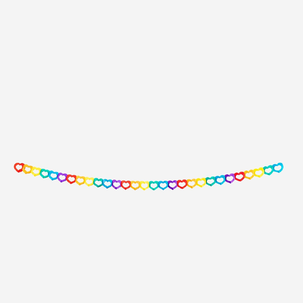 Colorful rainbow heart cut-out garland from Flying Tiger Copenhagen, 300 cm long, perfect for party decorations.