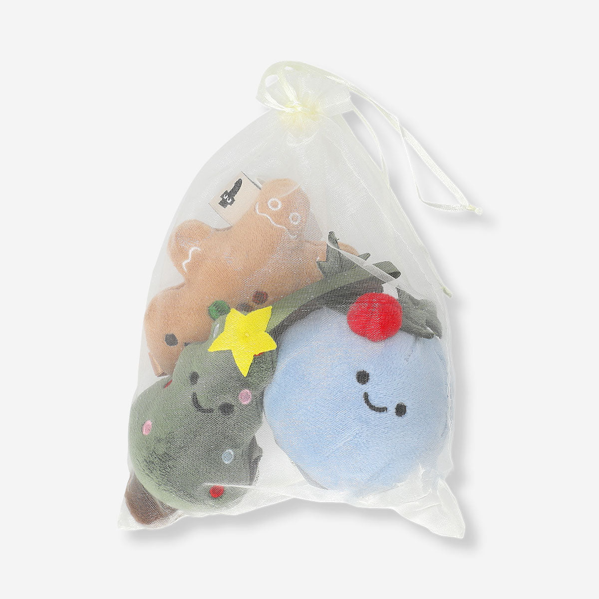 Set of three Christmas plush toys featuring festive characters by Flying Tiger Copenhagen, soft and cuddly holiday-themed toys.