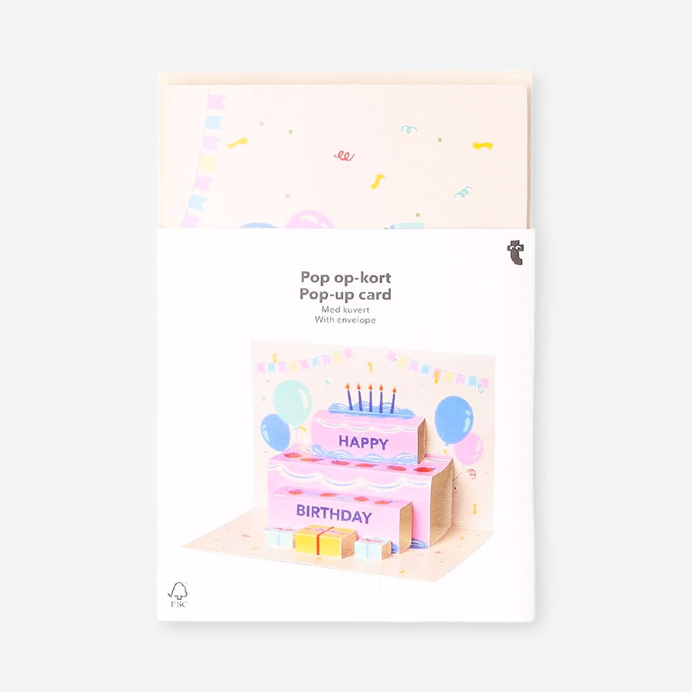 Flying Tiger Copenhagen pop-up birthday cake card featuring colorful birthday cake design for office celebrations.