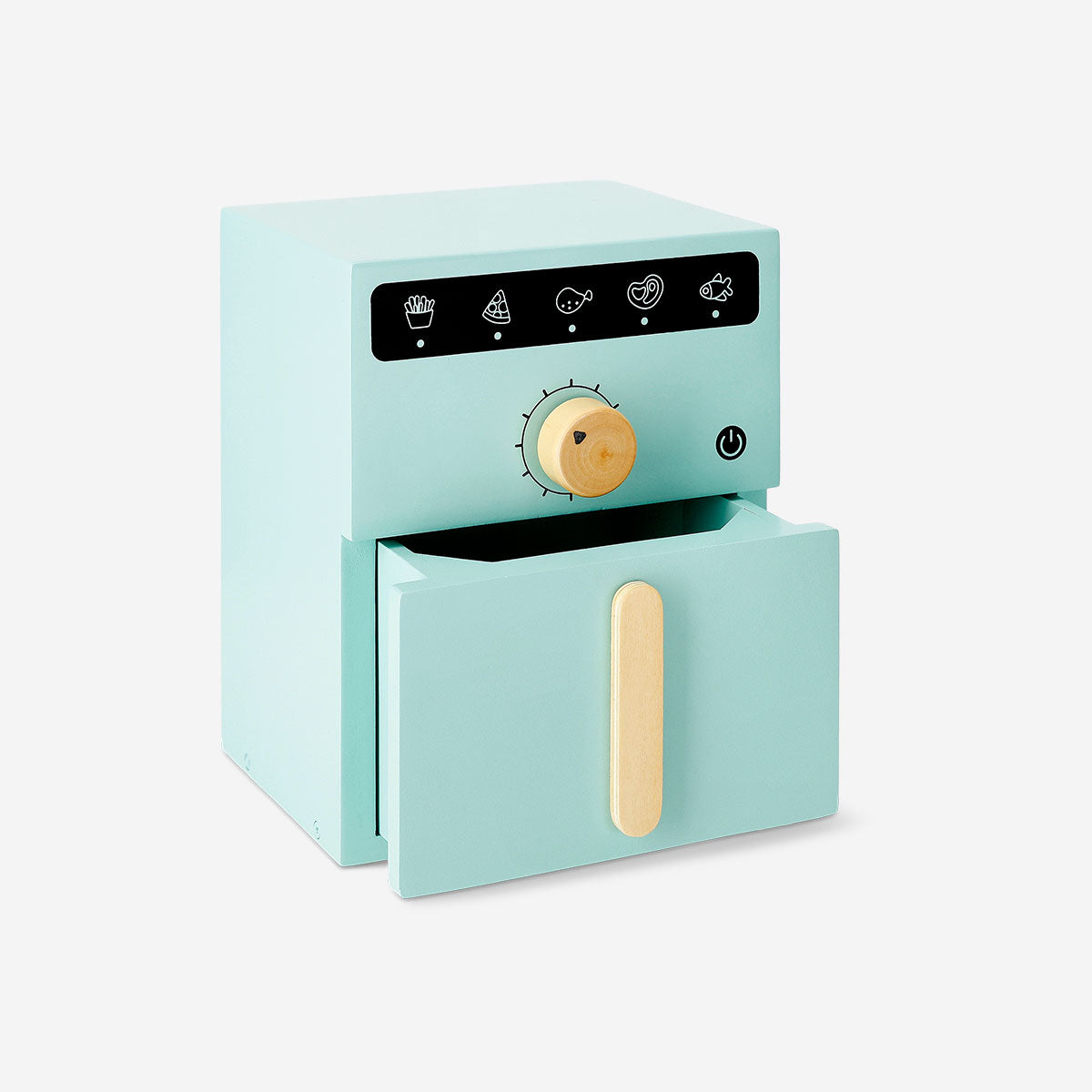 Wooden toy air fryer by Flying Tiger Copenhagen, 20x16 cm, with realistic design and wooden finish for imaginative play.