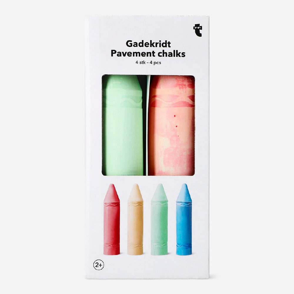 Set of four jumbo pavement chalks by Flying Tiger Copenhagen, colorful toy chalks for outdoor drawing and sidewalk art.